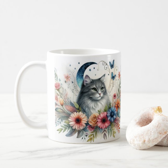 Mug Portrait de Chat Gris Joli avec Fleurs (Avec donut)