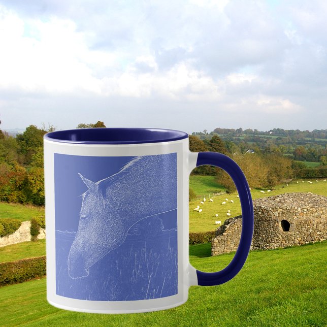 Mug Portrait de profil Cheval Head Blue et White Art (Front with Background)