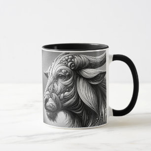 Mug Portrait en noir et blanc d'un buffle stylisé.