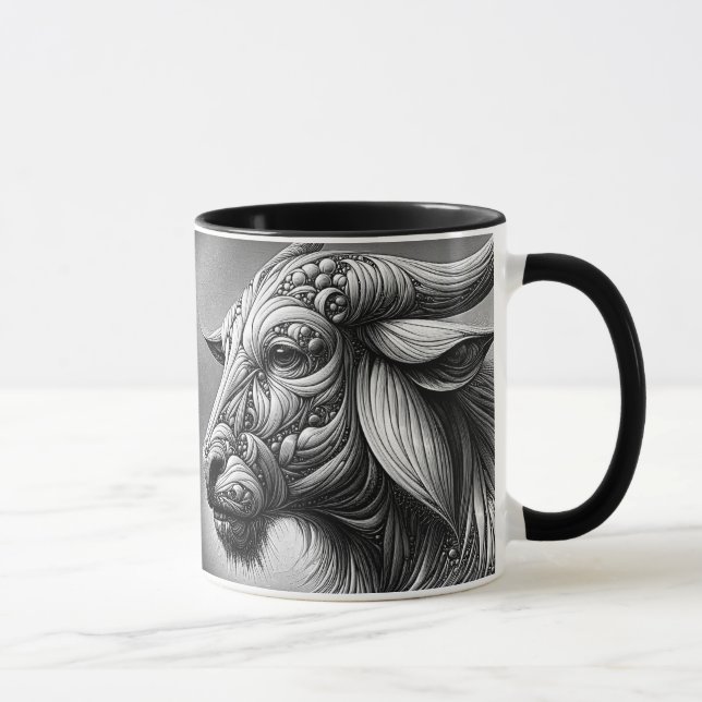 Mug Portrait en noir et blanc d'un buffle stylisé. (Droite)