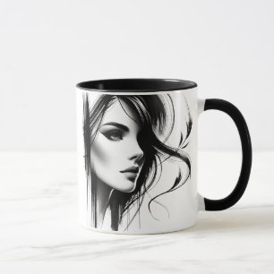 Mug Portrait féminin en noir et blanc.