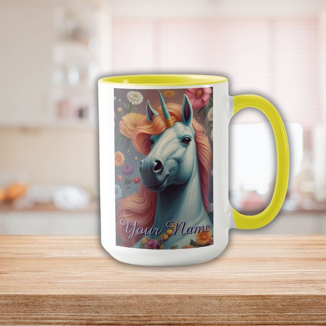 Mug Portrait personnalisé de la licorne blanche (Personalized White Unicorn Flower Portrait Mug)