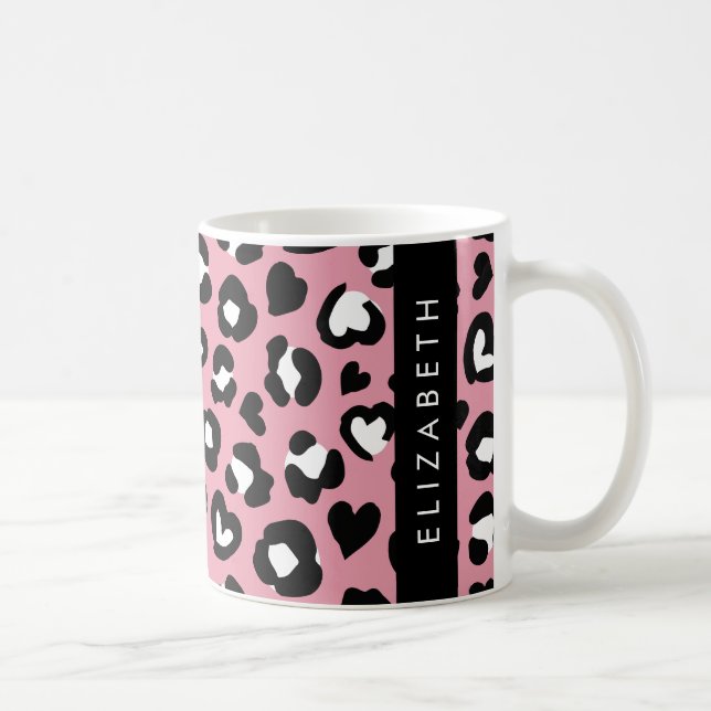 Mug Poster de animal, Léopard Rose, Coeurs, Votre Nom (Droite)