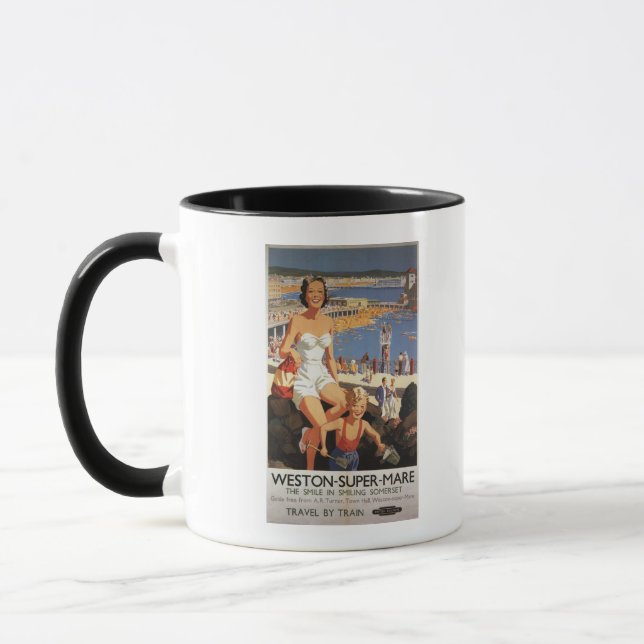 Mug Poster de la Mère et du Fils sur la Plage (Gauche)