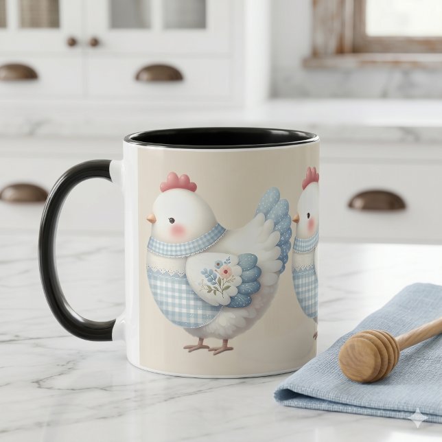 Mug Poule de Cottage en Gingham Bleu (Blue Gingham Cottage Hen Mug)