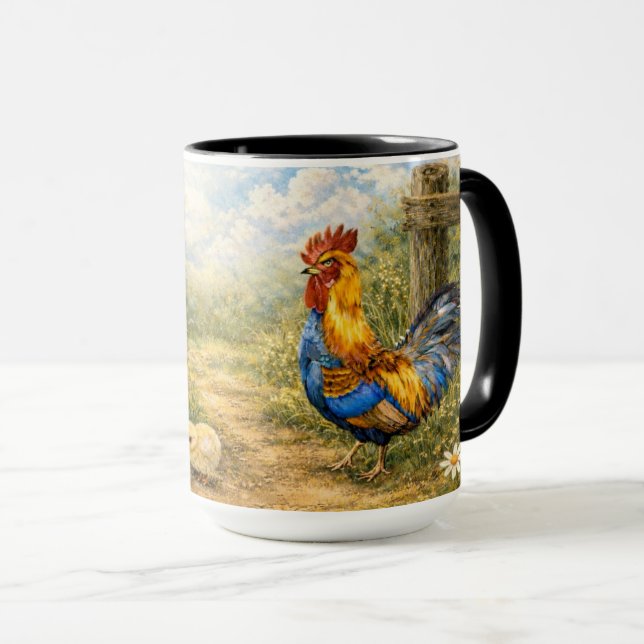 Mug Poule et Poussins et Coq Peints à la Main (Devant droit)