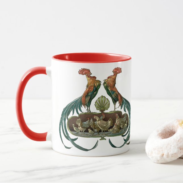 Mug Poules et coqs Art Nouveau vintage (Avec donut)