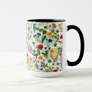 Mug Poulets et fleurs sauvages sur blanc cassé