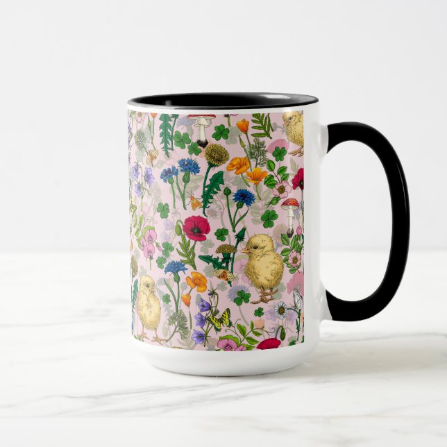 Mug Poulets et fleurs sauvages sur coton bonbon rose (Droite)