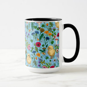 Mug Poulets et fleurs sauvages sur le bleu bébé