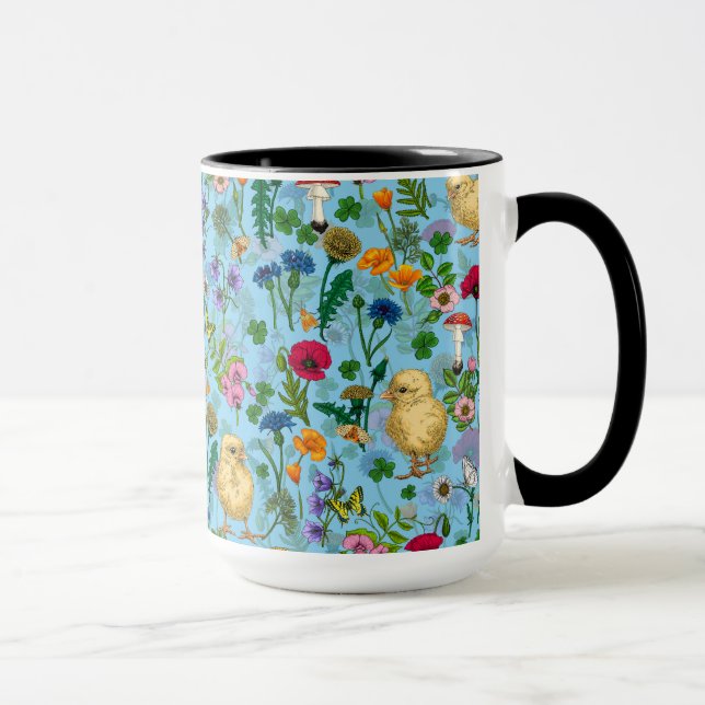 Mug Poulets et fleurs sauvages sur le bleu bébé (Droite)
