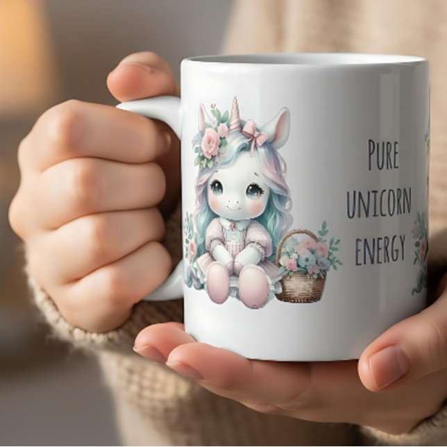 Mug Poupée Licorne Kawaii Pastel avec Panier de Fleurs (Pastel Kawaii Unicorn Doll with Flower Basket Coffee Mug)
