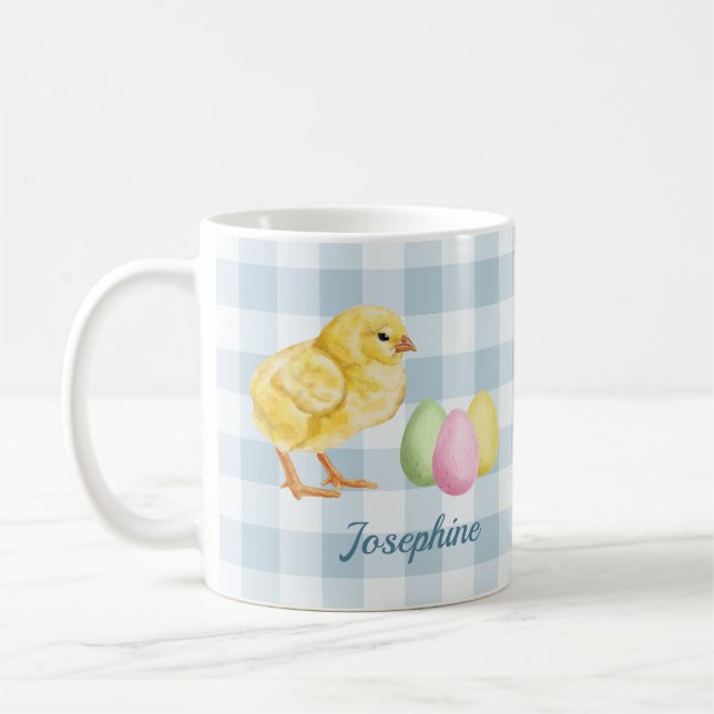 Mug Poussin et œufs à l'aquarelle sur fond bleu avec n (Gauche)