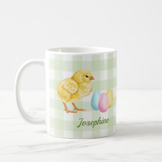 Mug Poussin et œufs à l'aquarelle sur fond vert avec n (Gauche)