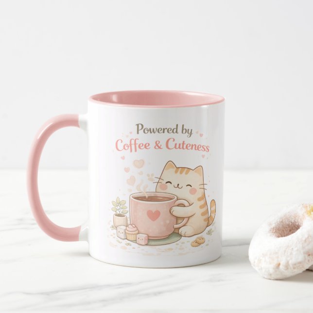 Mug Powered by Coffee and Cuteness Cute Cat Sweet Pink (Avec donut)