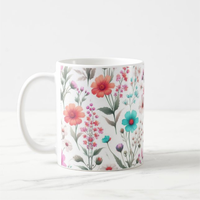 Mug Prairie de fleurs sauvages blanche, verte, bleue,  (Gauche)