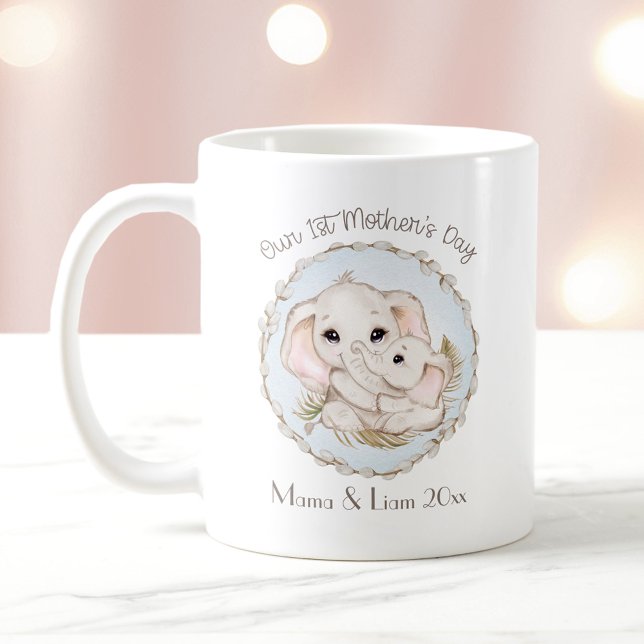 Mug Premier Fête des Mères Garçon Blue Elephant Person (First Mother's Day Boy Blue Elephant Personalized Coffee Mug)