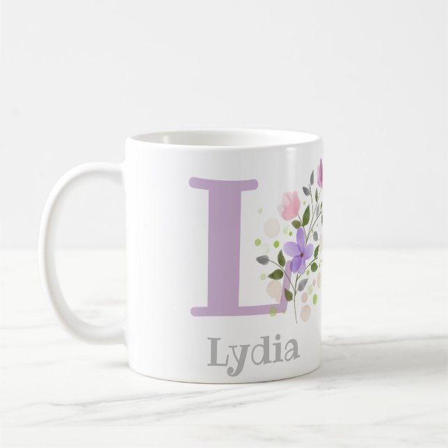 Mug Premier Initial Plus prénom avec des fleurs (Gauche)