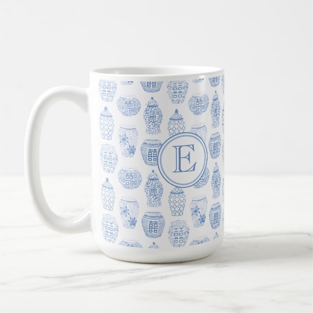 Mug Premier monogramme bleu blanc blanc Chine Imprimer (Gauche)