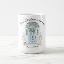 Premier Noël dans notre maison porte bleue aquarel
