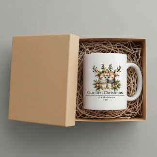 Mug Premier Noël personnalisé, rennes, jeunes mariés