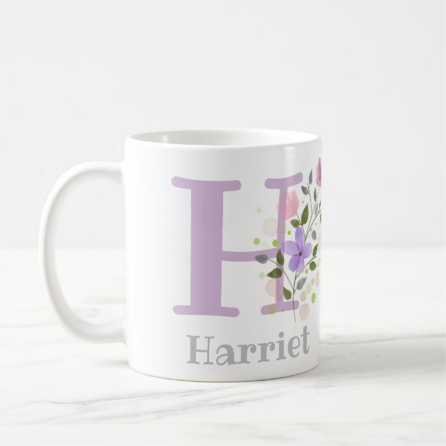 Mug Premier nom initial Plus Harriet avec fleurs (Gauche)