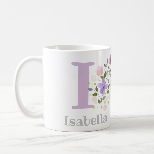Mug Premier nom initial plus Isabella avec fleurs (Gauche)