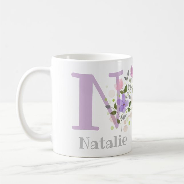 Mug Premier prénom Initial Plus avec Fleurs (Gauche)