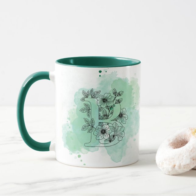 Mug Première B Aquarelle Monogramme Vert Botanique (Avec donut)