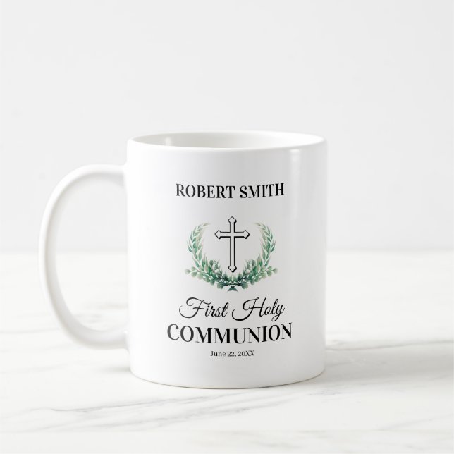 Mug Première communion feuille verte  (Gauche)