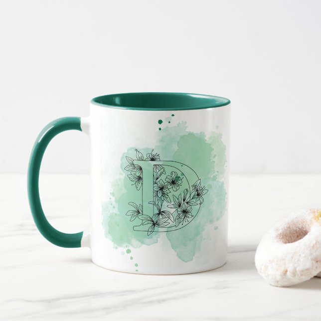 Mug Première D Aquarelle Monogramme Vert Botanique (Avec donut)