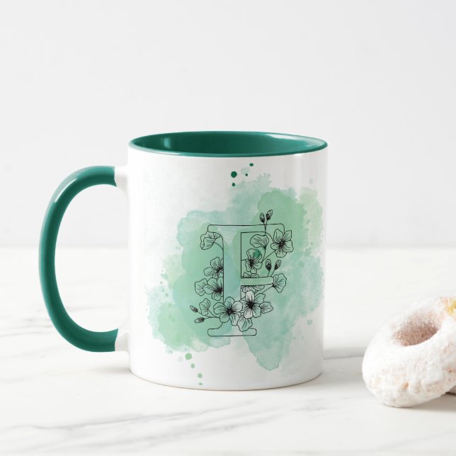 Mug Première F Aquarelle Monogramme Vert Botanique (Avec donut)