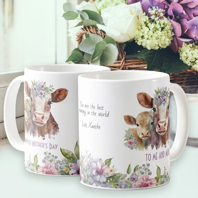 Mug Première fête des mères Moi et Moo Cute Cows (First Mother's Day mug for mom with cute mommy and baby cow and fun pun to Me and Moo)