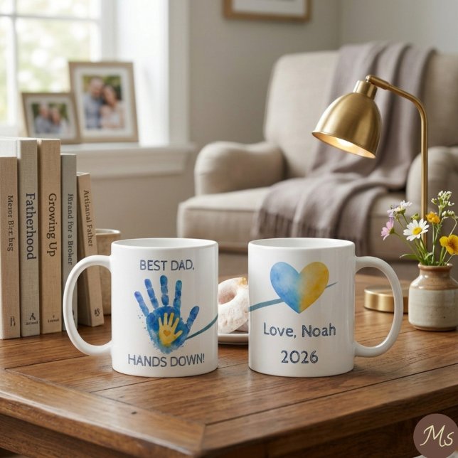 Mug Première fête des pères 2026 Empreinte aquarelle b (Start Dad's morning with love—a personalized watercolor handprint mug for his favorite coffee!)