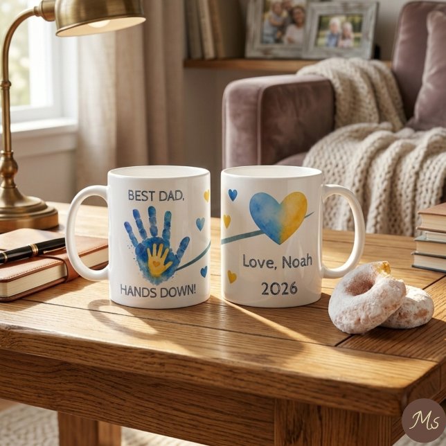 Mug Première fête des pères 2026 Empreinte aquarelle b (Start Dad's morning with love—a personalized watercolor handprint mug for his favorite coffee!)