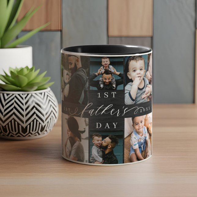 Mug Première Fête des pères Black Woodgrain Photo Coll (First Father's Day Black Woodgrain Photo Collage Mug)