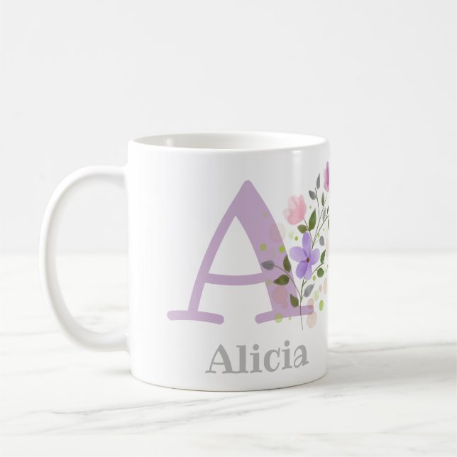 Mug Première initiale plus le nom Abigail avec des fle (Gauche)