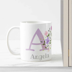 Mug Première initiale plus le nom Angela avec des fleu