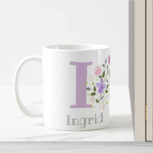 Mug Première initiale plus le nom Ingrid avec des fleu