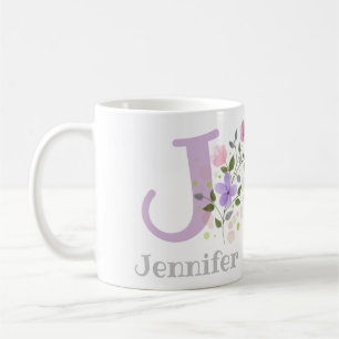 Mug Première initiale plus le nom Jennifer avec des fl