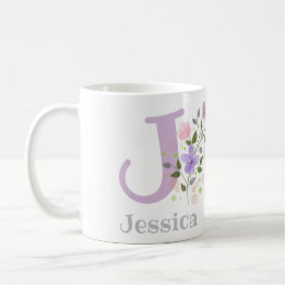 Mug Première initiale plus le nom Jessica avec des fle