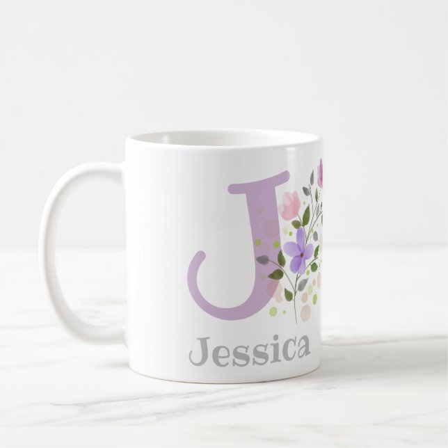 Mug Première initiale plus le nom Jessica avec des fle (Gauche)