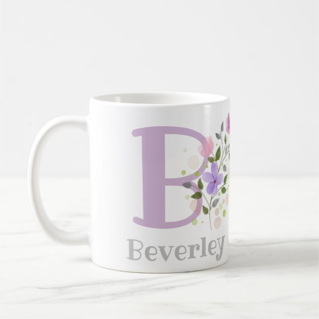 Mug Première initiale plus nom Beverley avec des fleur (Gauche)