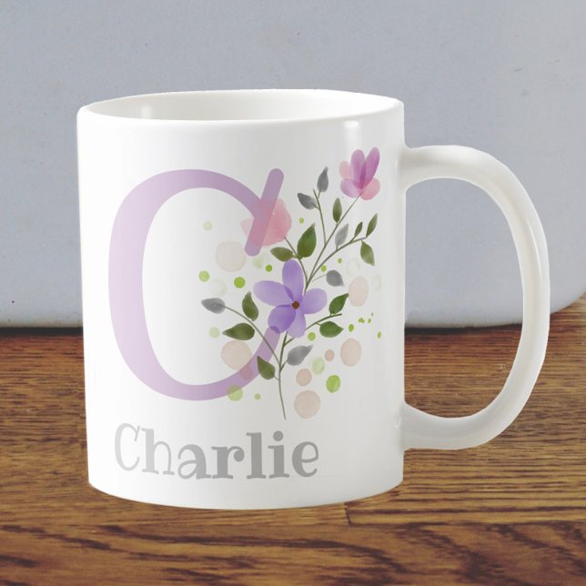 Mug Première initiale plus nom Charlie avec des fleurs (Créateur téléchargé)