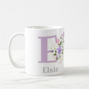 Mug Première initiale plus nom Elsie avec des fleurs