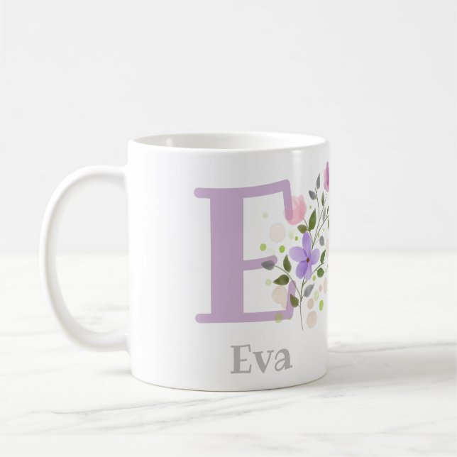 Mug Première initiale plus nom Eva avec des fleurs (Gauche)