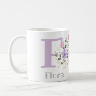 Mug Première initiale plus nom Flora avec des fleurs