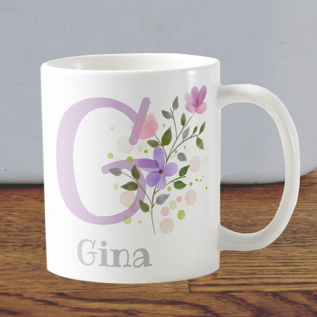 Mug Première initiale plus nom Gina avec des fleurs (Créateur téléchargé)