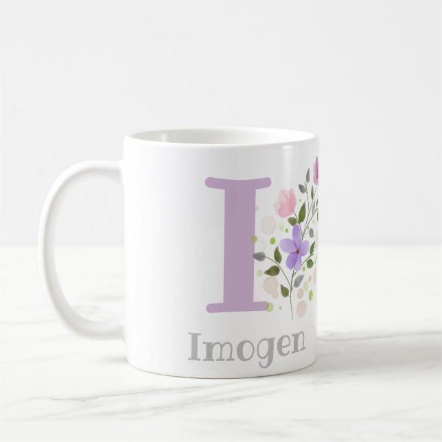 Mug Première initiale plus nom Imogen avec des fleurs (Gauche)