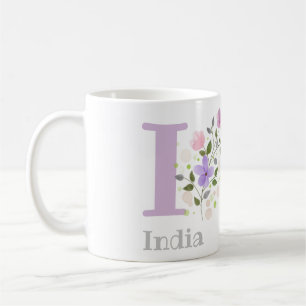 Mug Première initiale plus nom India avec des fleurs